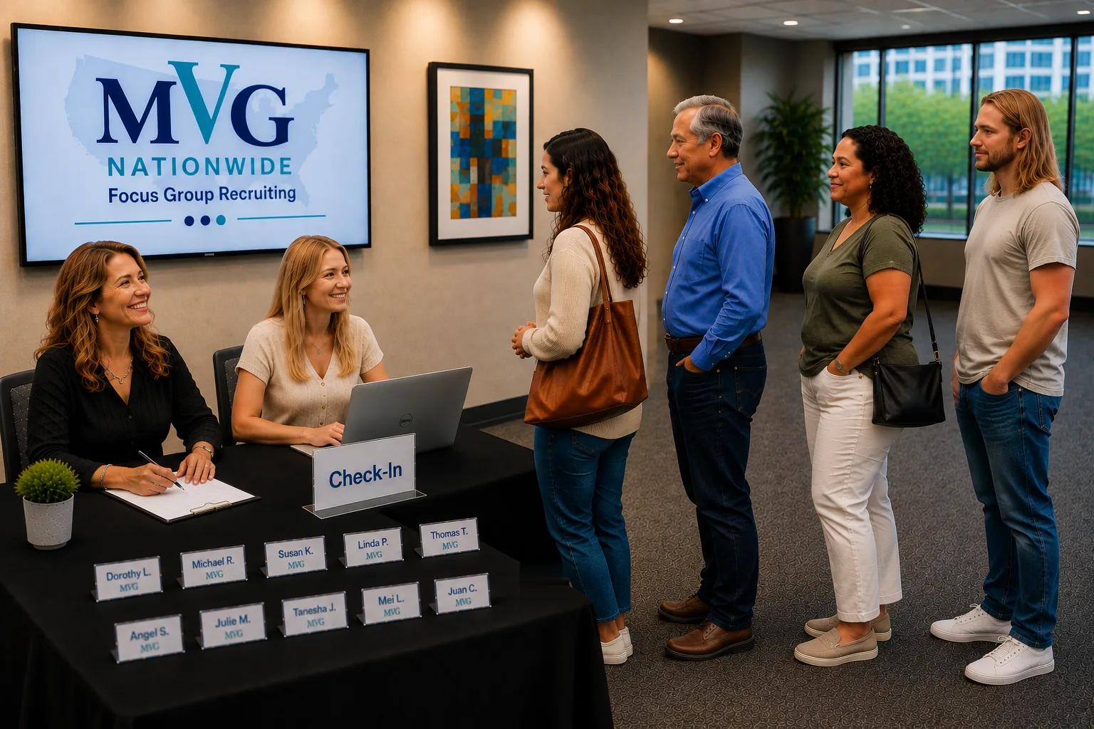 Participants checking in at the front desk of an MVG focus group session, with name badges laid out and MVG staff greeting them.