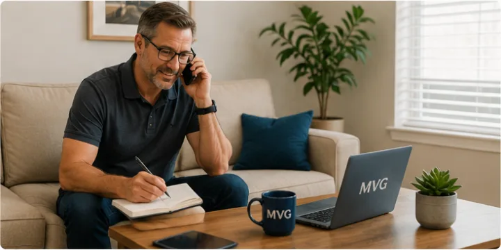 An MVG team member on the phone taking notes during a project.