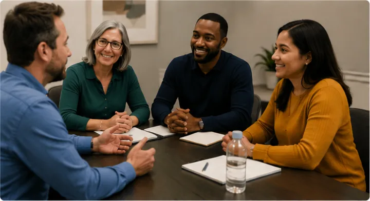 MVG team members talking with a client around a conference table.