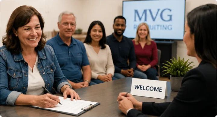 A participant filling out a form at a welcome table while others wait behind her.