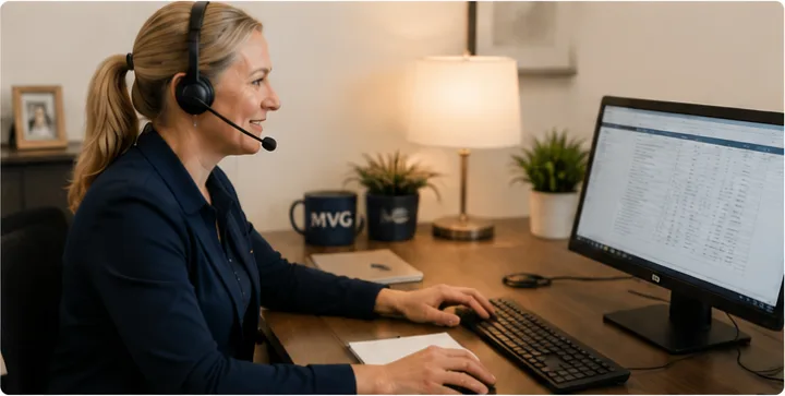 An MVG recruiter on a headset at her desk, taking a call.