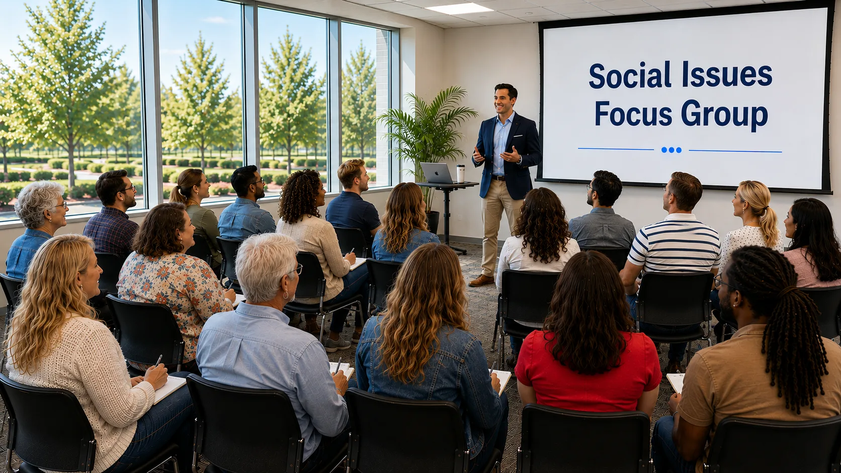 A moderator leading a social issues focus group, with participants seated in rows taking notes.
